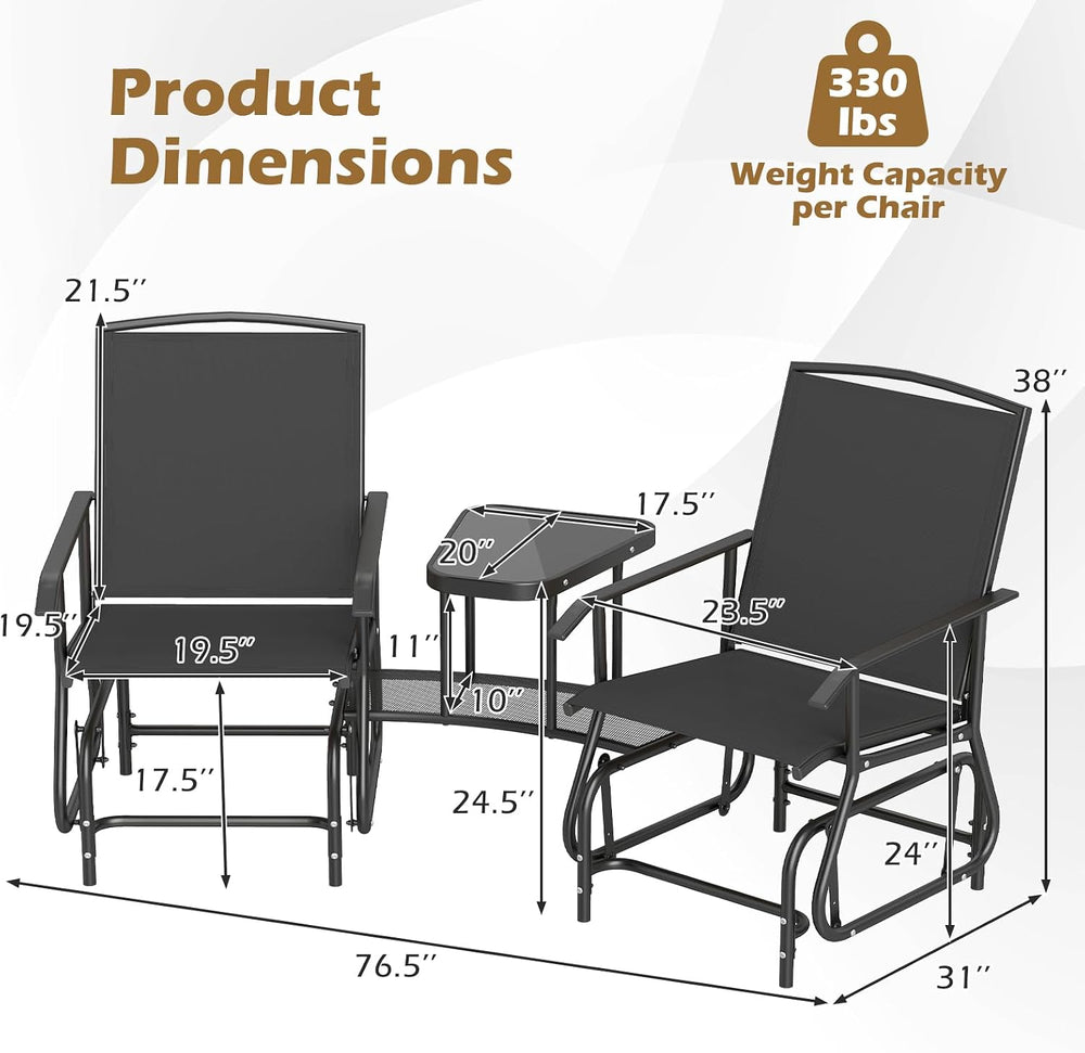 Tangkula 2-Seater Outdoor Glider Bench with 2-Tier Center Table (Black)