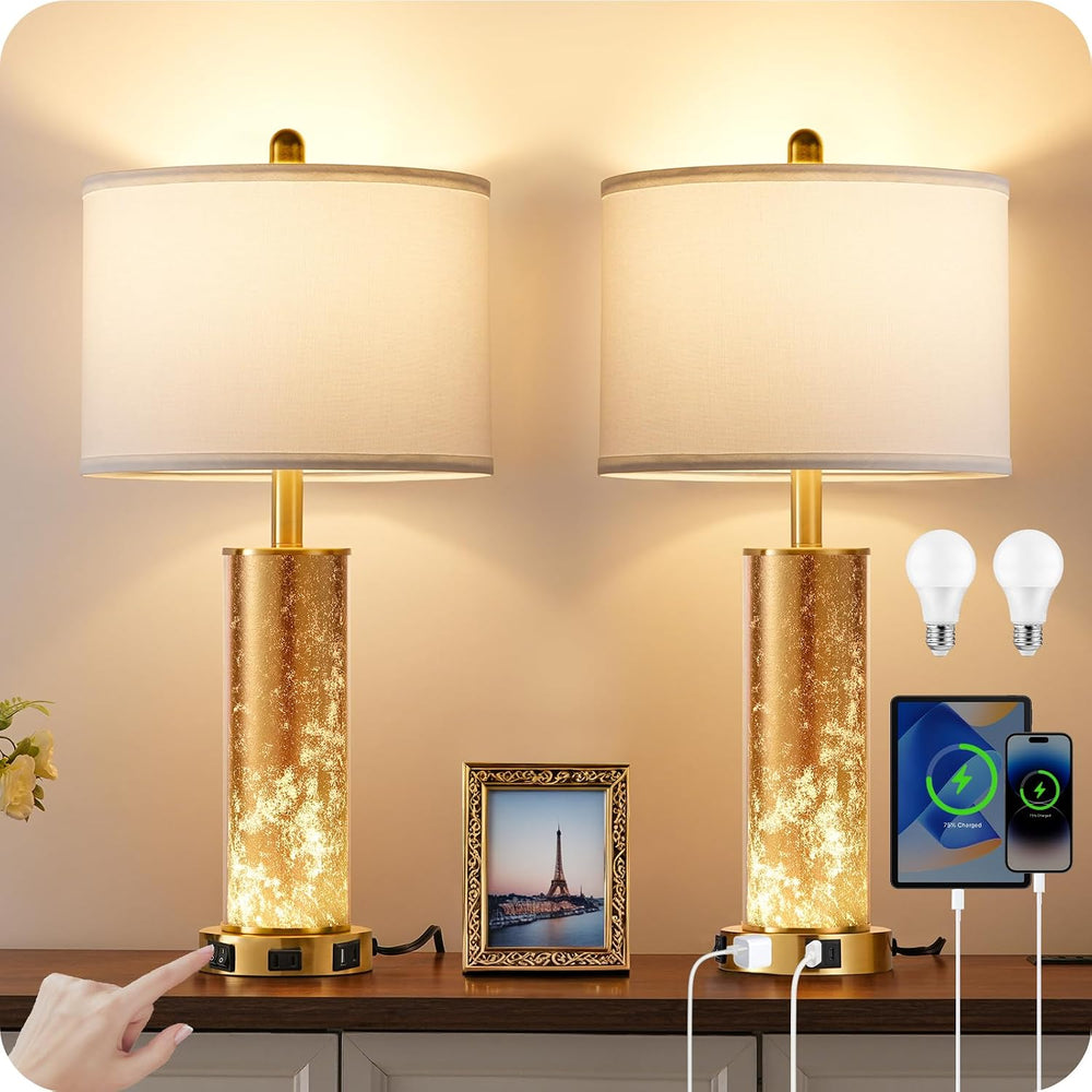 25.6" Gold Table Lamps Set of 2, Tall Bedside Lamps with Nightlight, Mod...