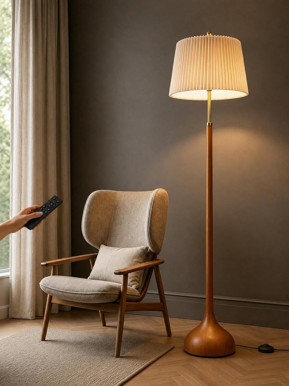 MOFFE Mid Century Modern Wood & Brushed Brass Floor Lamp with Remote
