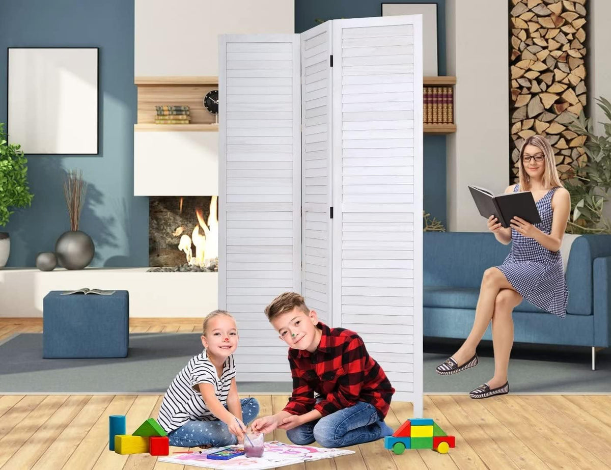 3-Panel Room Divider, 67" Tall Folding Privacy Screen with Louvered Wood Panels, Freestanding Partition for Bedroom Living Room Office, White