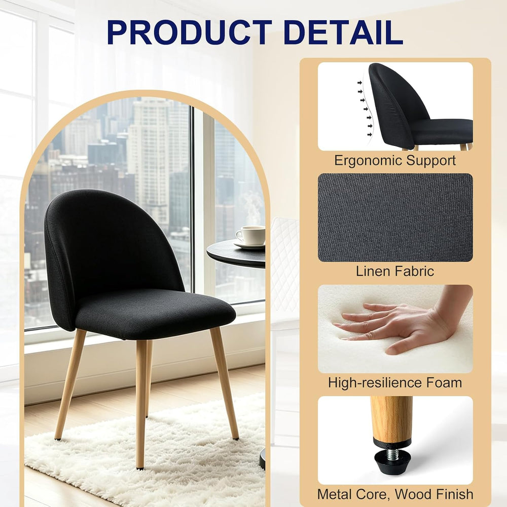 Dining Chairs Set of 2 Black Linen Fabric Kitchen Side Chair Accent