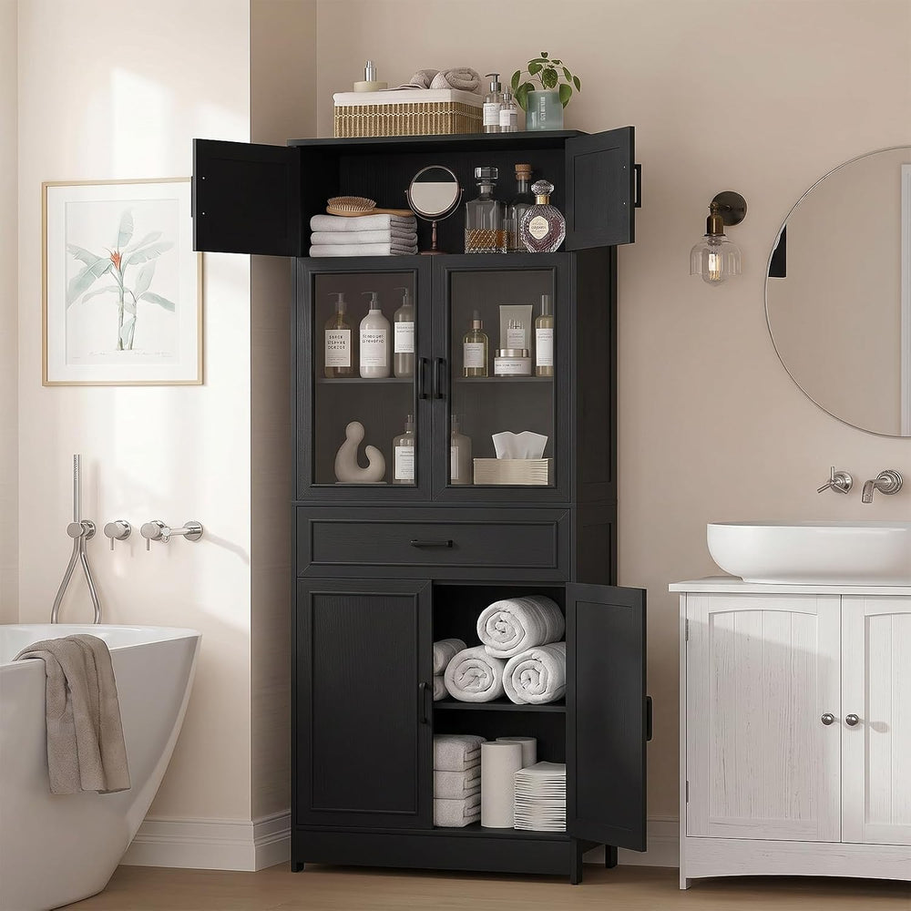 Unikito 80" Kitchen Pantry Cabinet with Glass Doors and Drawer Organizer