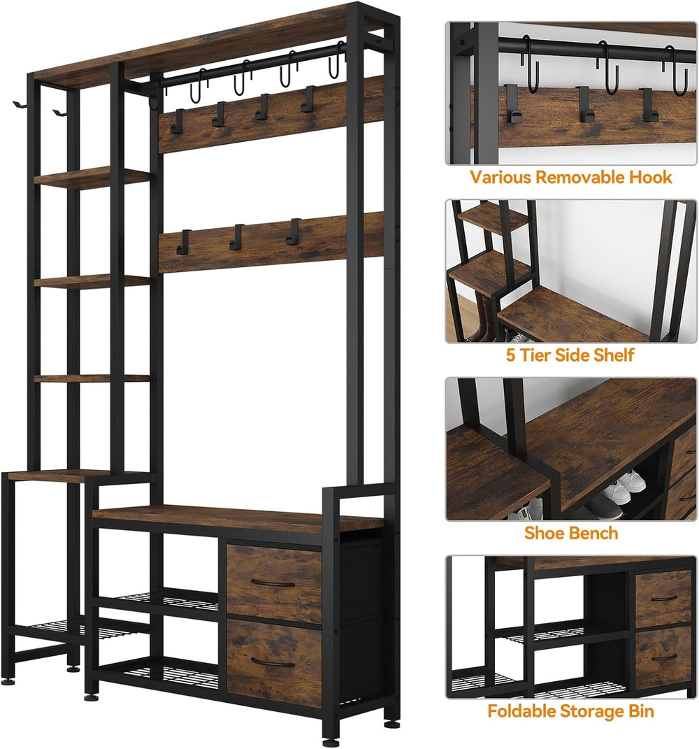 Hall Tree for Entryway 43", Bench with Shoe Storage, Large Coat Rack Sho...