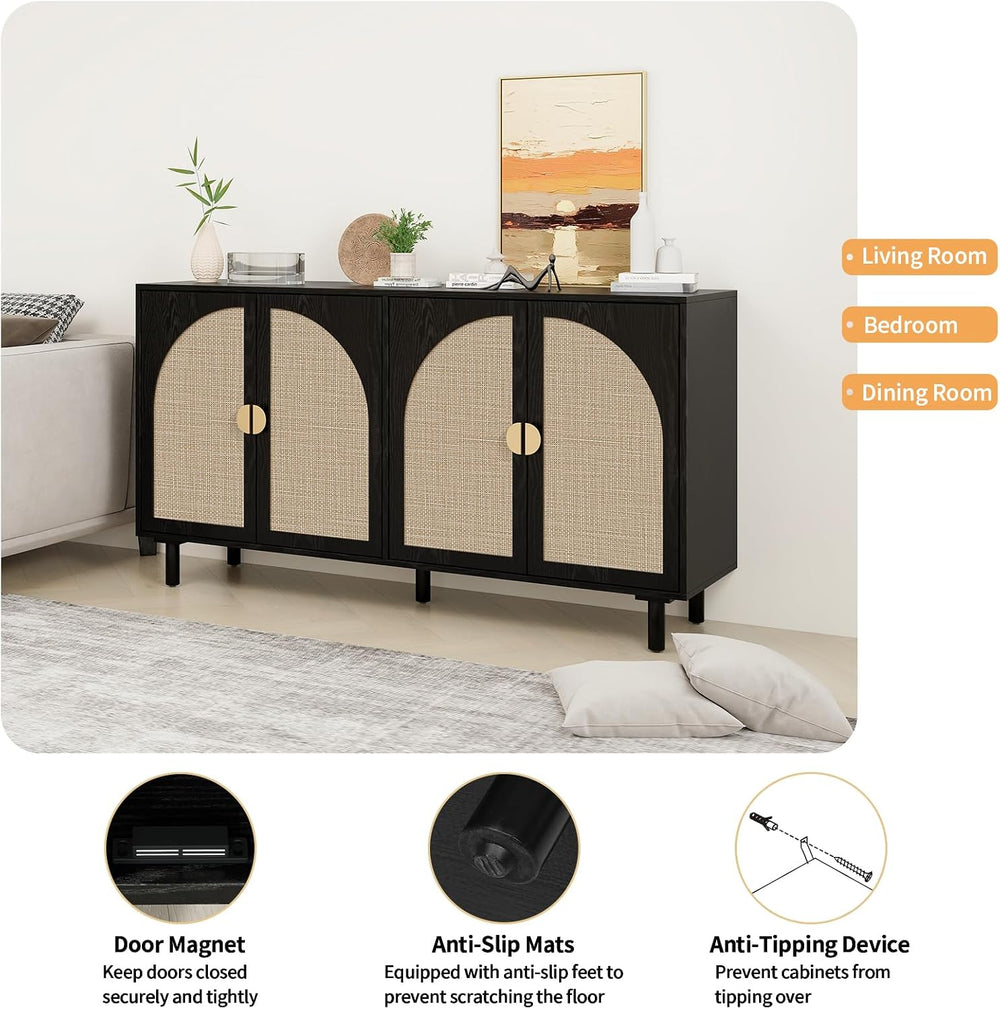 Sideboard Buffet Cabinet with Storage - Rattan 4 Door Cabinet, Accent Storage...