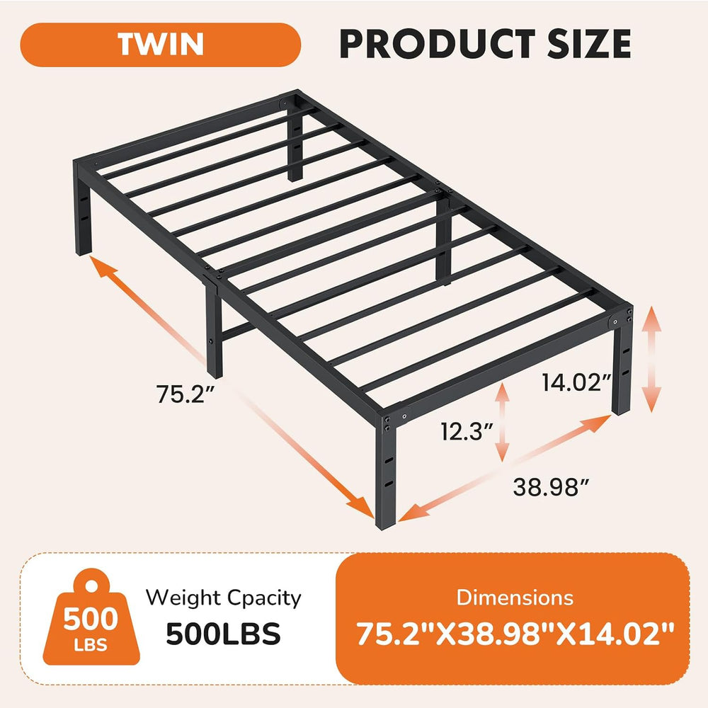 Sweetcrispy 14 Inch Twin Metal Bed Frame, Under Bed Storage, Black