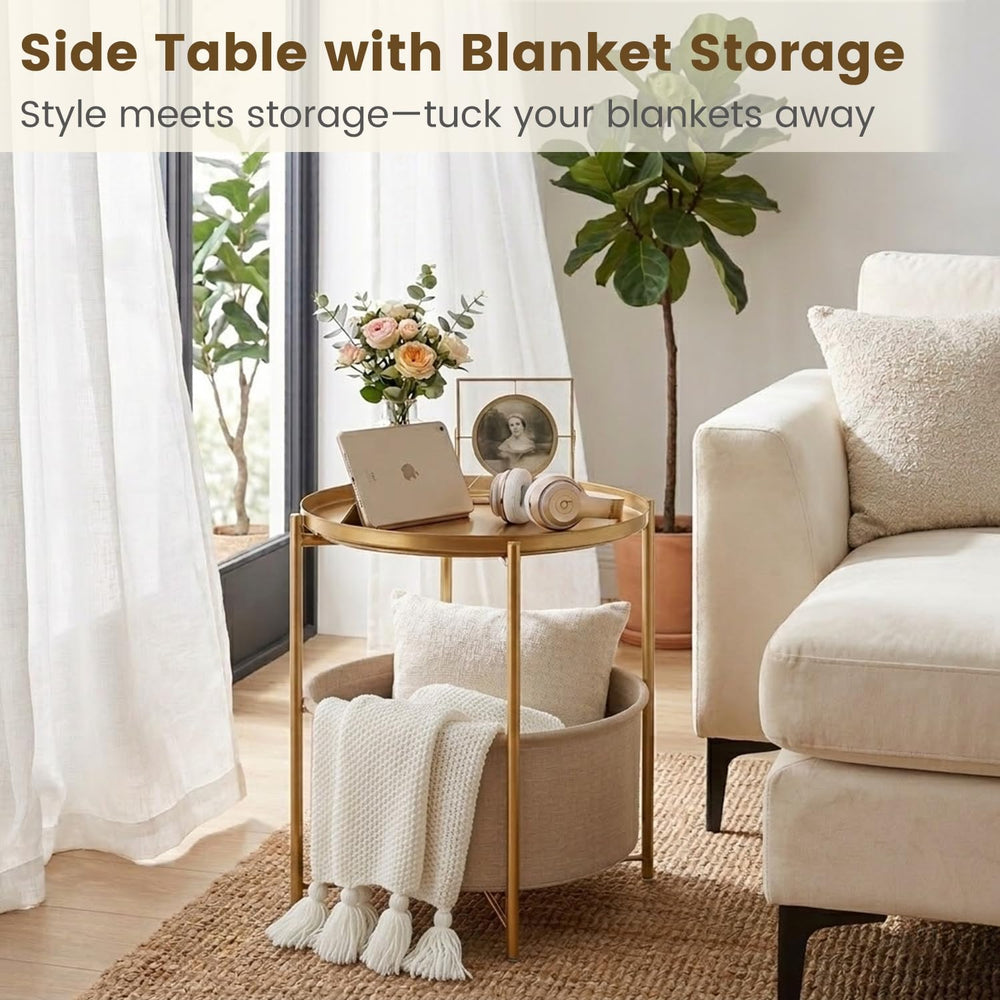 danpinera Gold Side Table with Basket, Small Round Table for Living Room