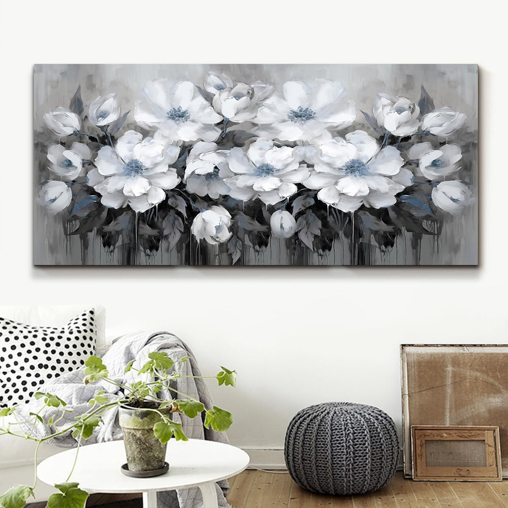 AnZhongArt Living Room Wall Art,White and Blue-gray Flower Landscape for Livi...