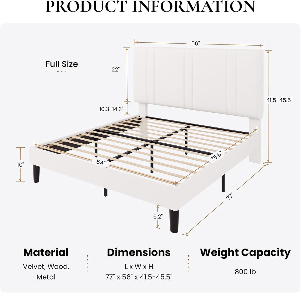 SHA CERLIN Full Size Velvet Bed Frame with Adjustable Headboard, White