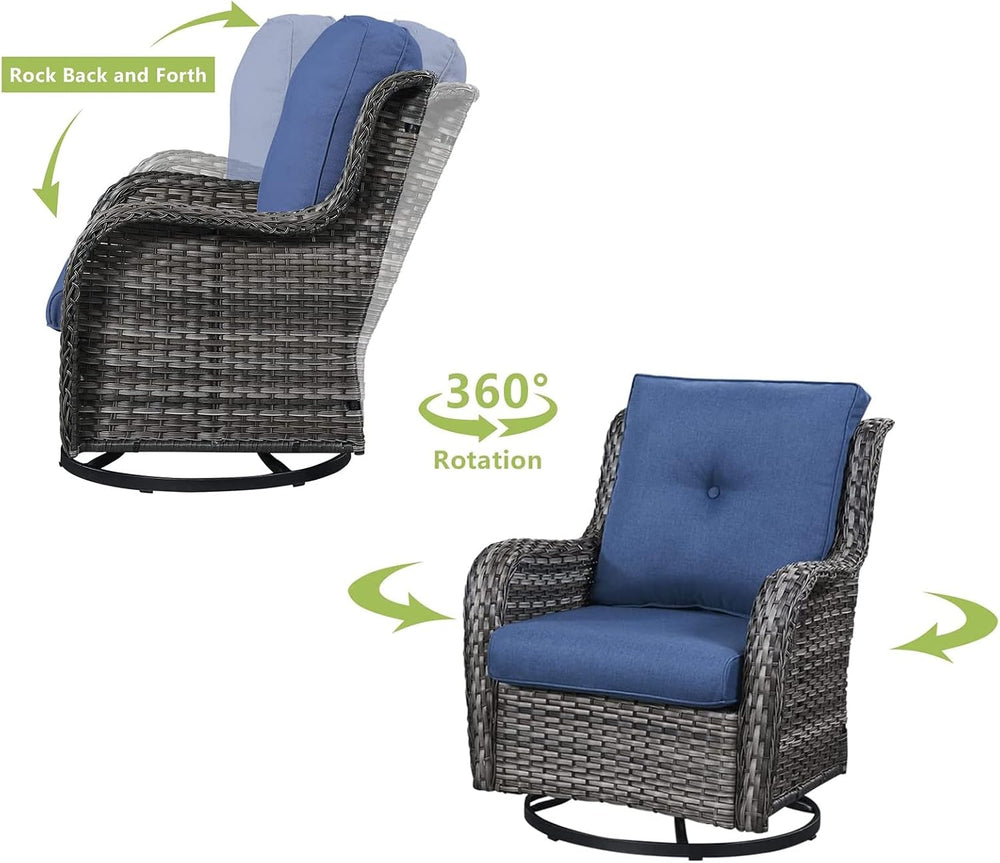 HUMMUH 5 Piece Wicker Patio Set, Sofa & Swivel Rockers, Grey/Blue