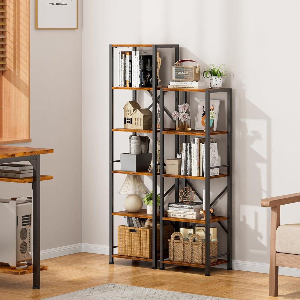 Furologee 5 Tier Bookshelf, Narrow Bookcase, Metal Book Shelf, Rustic Brown