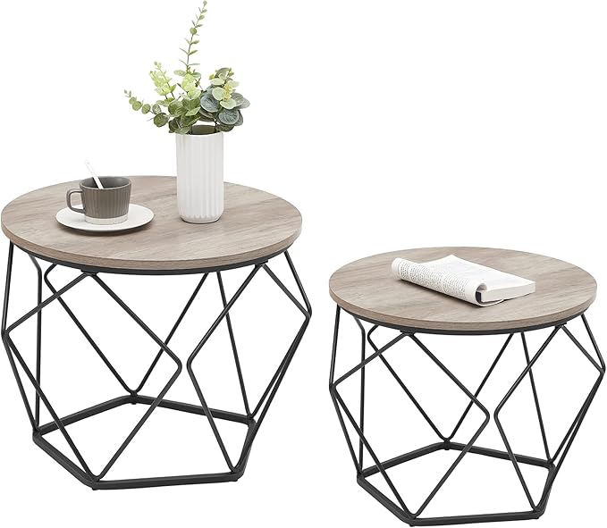 VASAGLE Small Coffee Table Set of 2, Round Coffee Table with Steel Frame, Side End Table for Living Room, Bedroom, Office, Greige and Ink Black