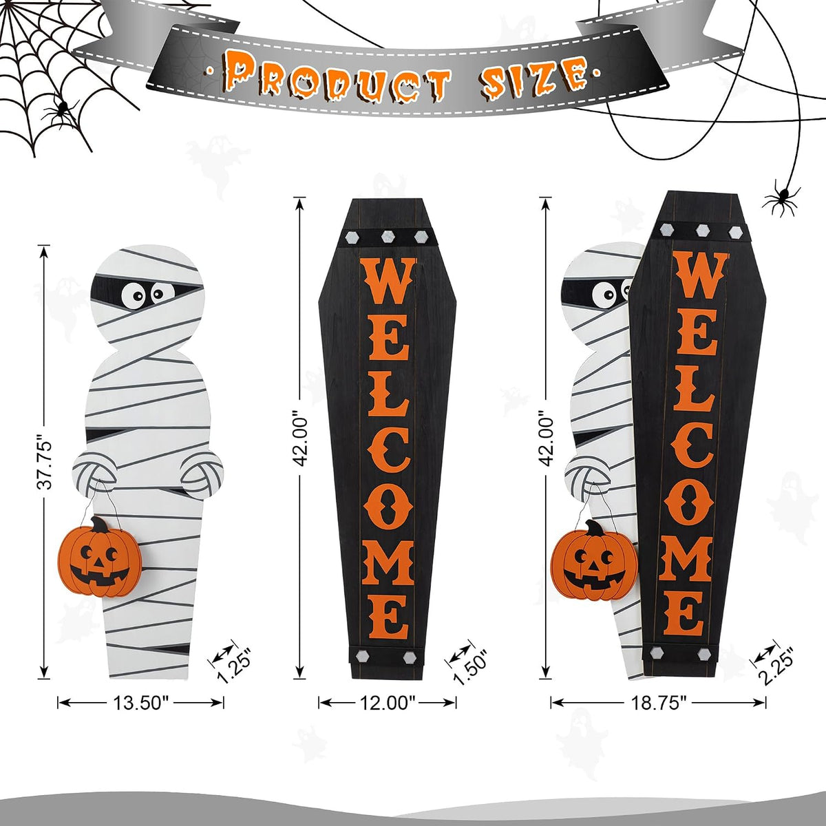 Glitzhome 38"H & 42"H Halloween Wood Mummy & Welcome Coffin Porch Decor, Solid Wood Halloween WELCOME Signs, Vertical Hang or Free-standing Yard Sign for Front Door Farmhouse Spooky Outdoor