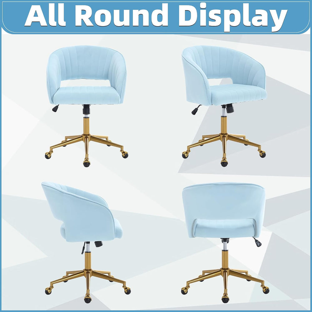 ABET Desk Chair with Wheels, Gold Base, Velvet Accent Vanity Armchair, Blue