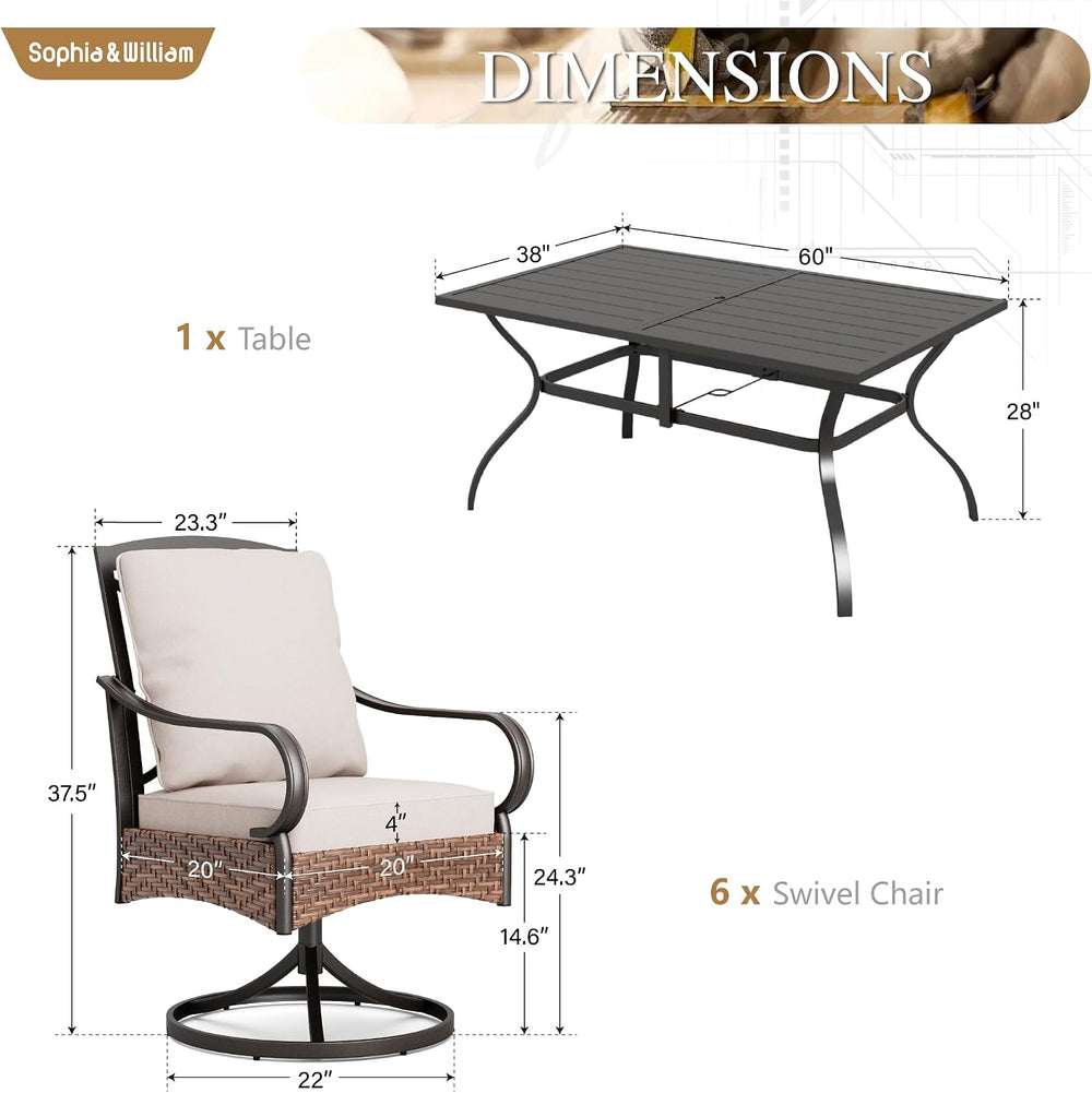 Sophia & William 7pc Outdoor Dining Set, Metal Table, Swivel Chairs