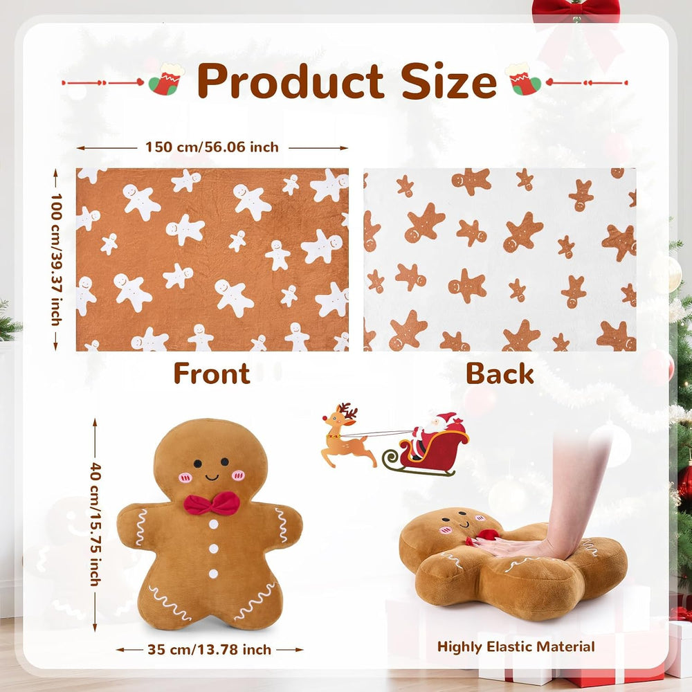 2pcs Gingerbread Man Christmas Throw Blanket and Pillow Set