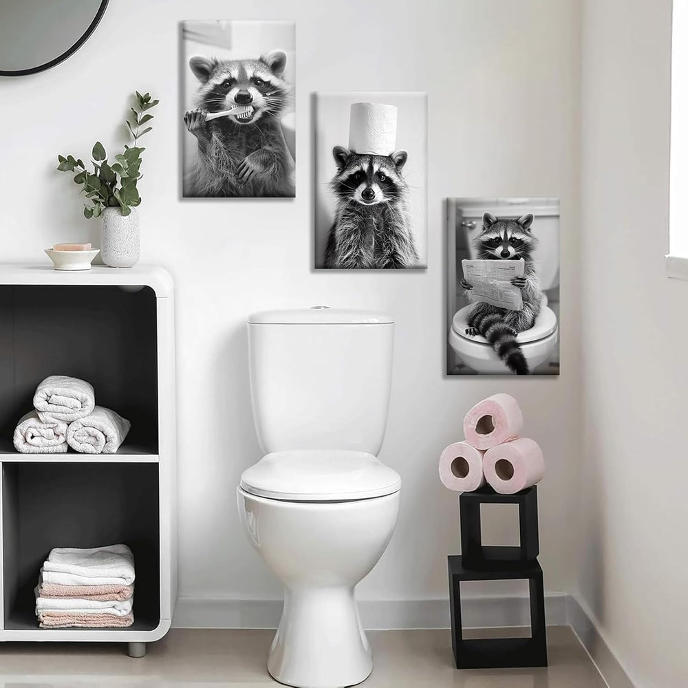 3Pcs Adorable Raccoon Bathroom Wall Art Black and White Animal Posters Prints...