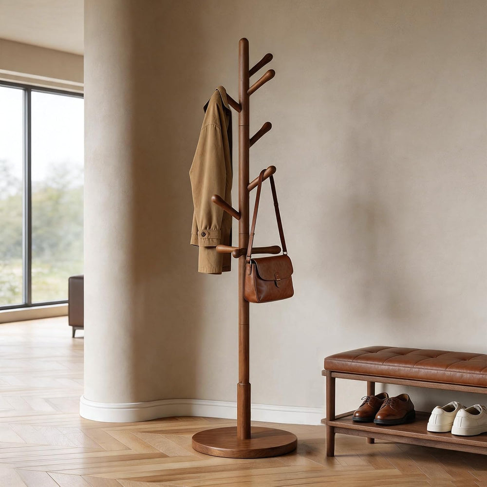 Solid Wood Coat Rack Freestanding with 9 Hooks - Wooden Coat Rack Stand for E...