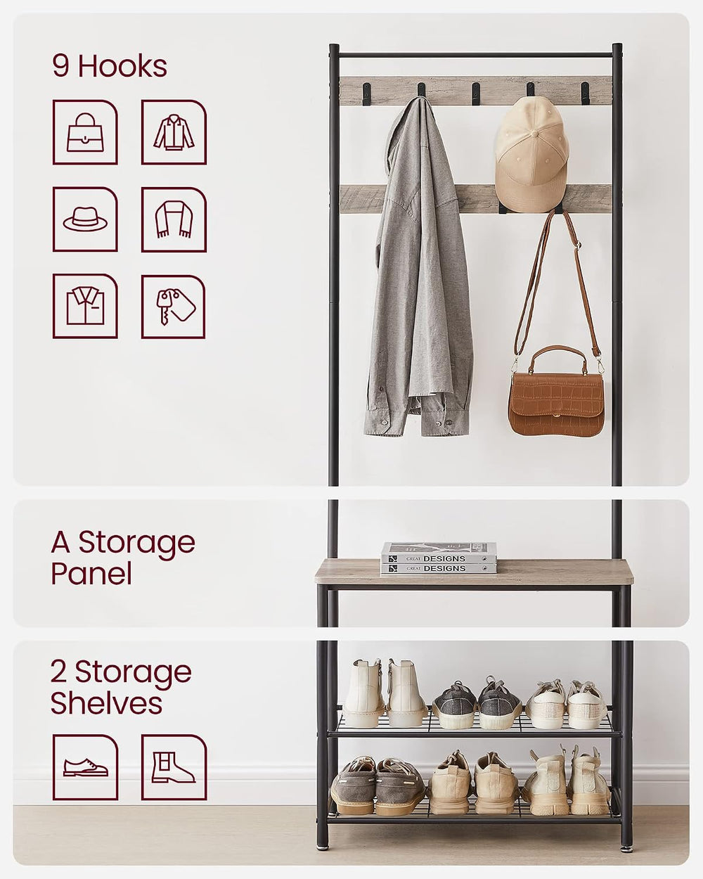 VASAGLE Coat Rack, Hall Tree with Shoe Storage Bench, 3-in-1, Steel Frame