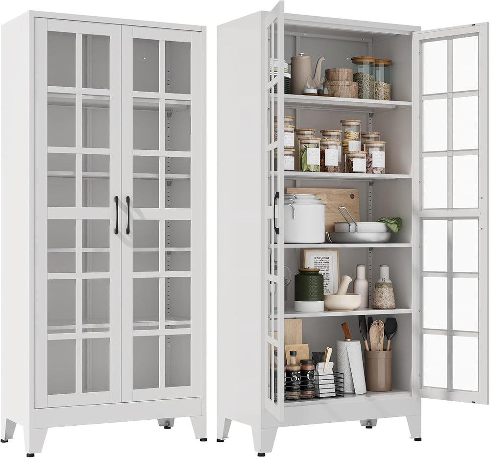 Metal Storage Cabinet with Glass Doors and Adjustable Shelves