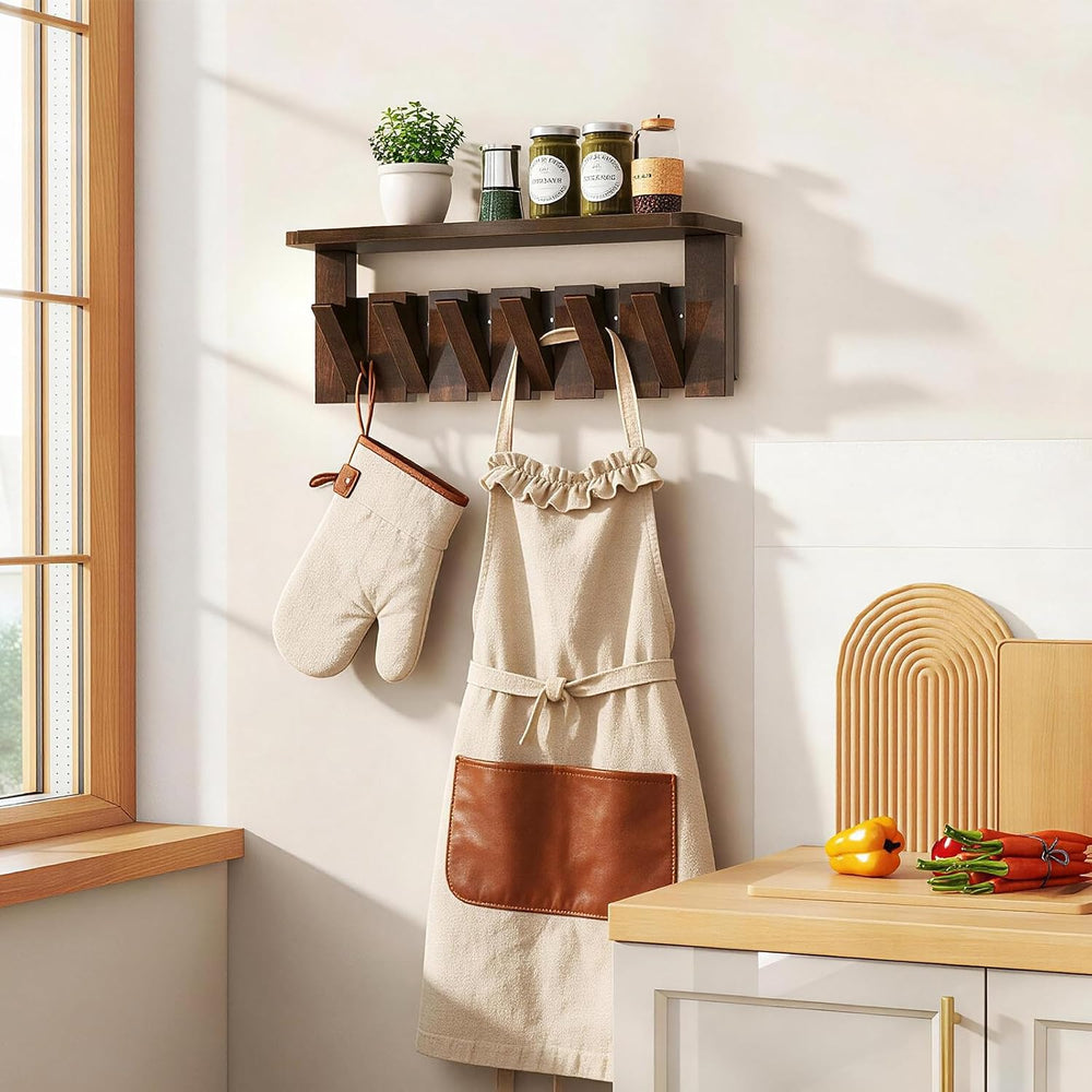 Piano Key Coat Rack Wall Mount with Shelf and 12 Hooks, Walnut HWS008H-2