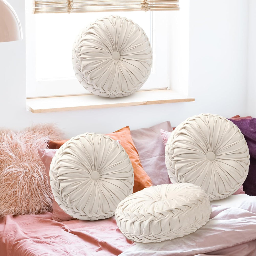 Beeveer 2 Pcs Round Throw Pillows Velvet Pleated Pillows, Ivory