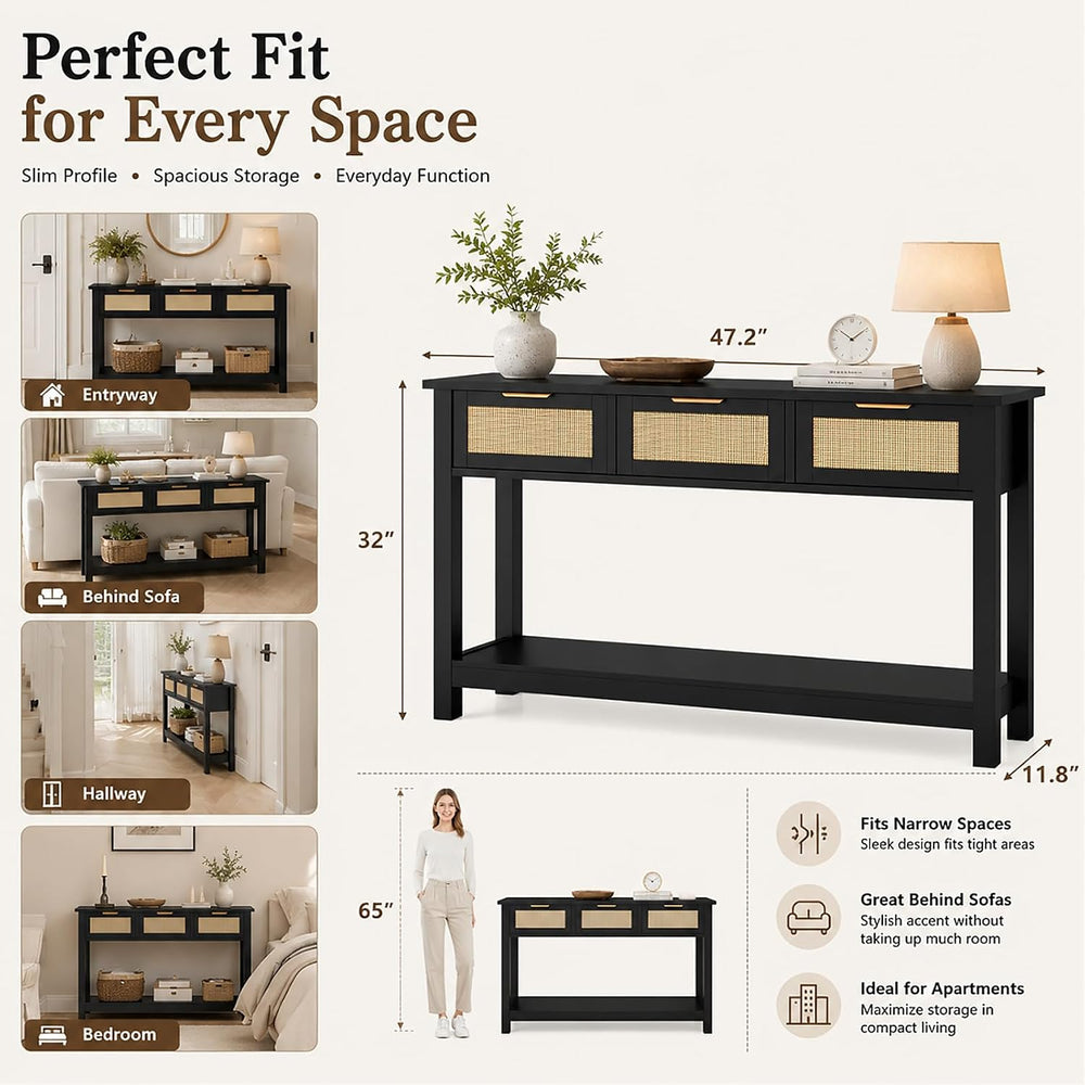Luoxiao Rattan Console Table 3-Drawer 47" Narrow Black Entryway Sofa Table