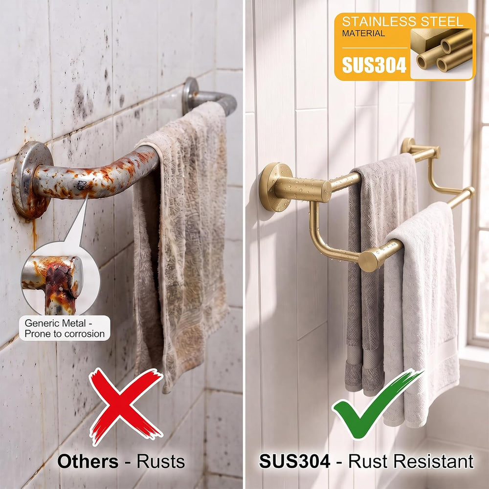 BESy Double Towel Bar Towel Rack for Bathroom Wall Mounted Brushed Gold