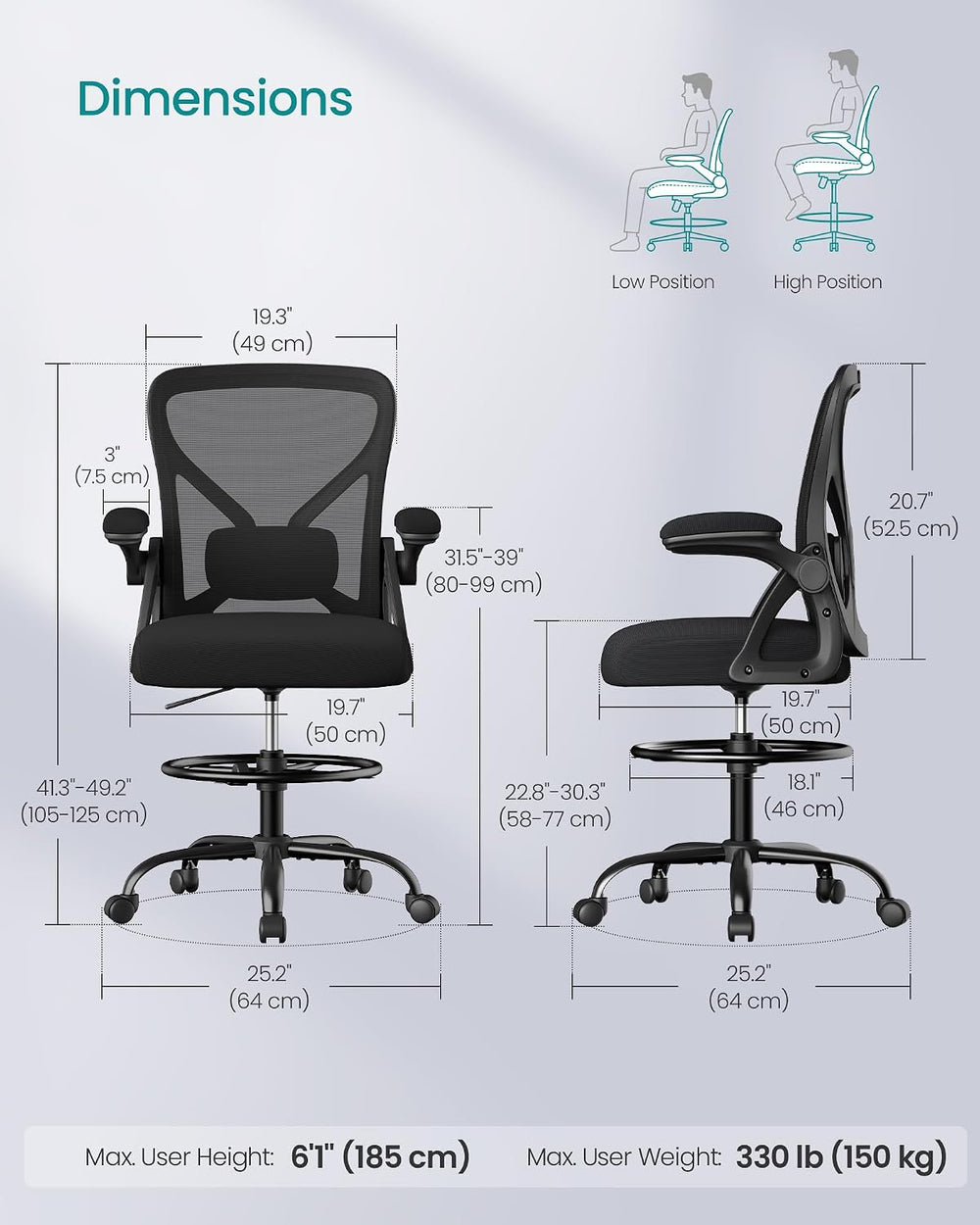 SONGMICS Drafting Chair, Ergonomic Tall Office Chair for Standing Desk