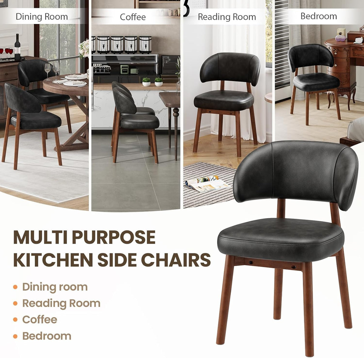 MALOL Wooden Dining Chairs Set of 2, Modern Upholstered Dining Room Kitchen Side Chairs with Curved Open Back for Living Room/Restaurant/Cafe, Black