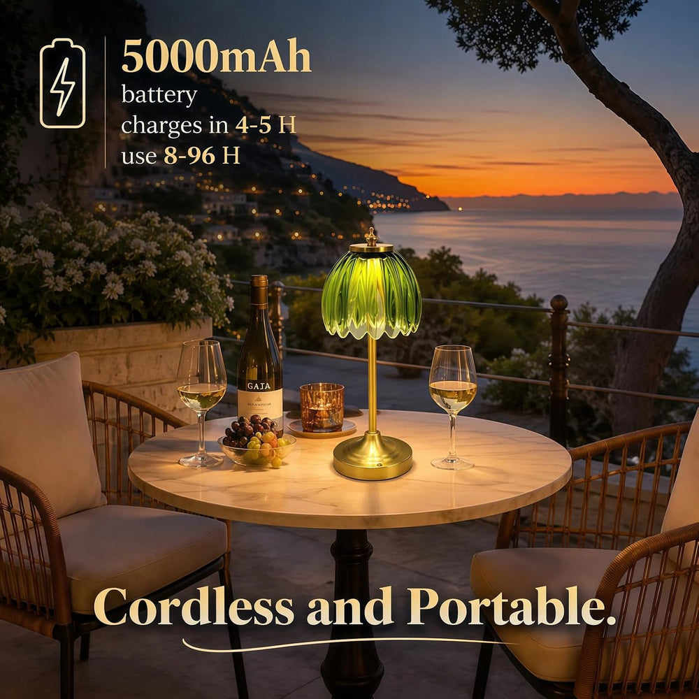 EJQ Glass Tulip Rechargeable Table Lamp, Cordless Flower Table Light -Green