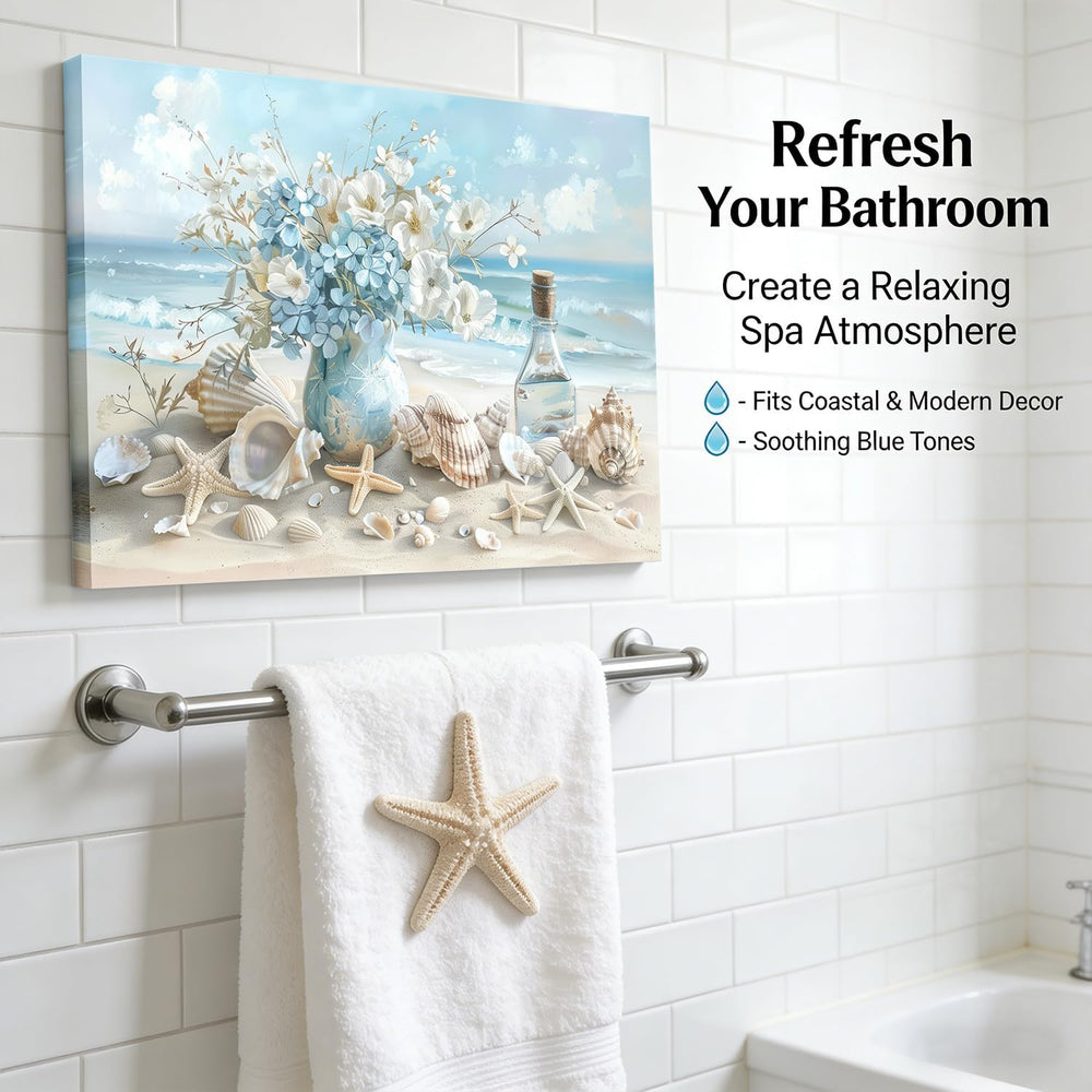 Blue Ocean Beach Bathroom Canvas Wall Art Seaside Seashell Painting Picture W...