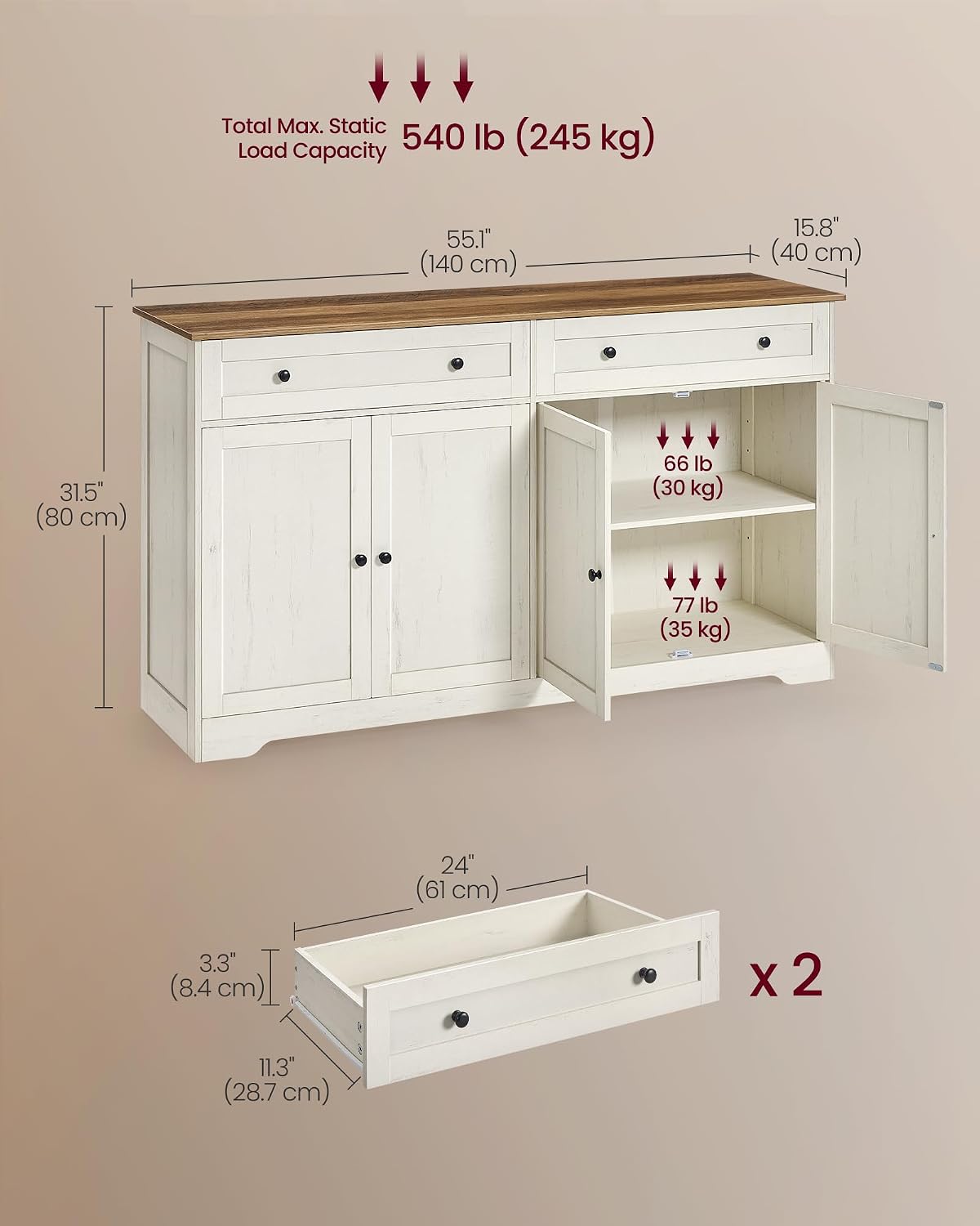 vasagle buffet cabinet, sideboard, 4 doors, 55.1 x shown in use