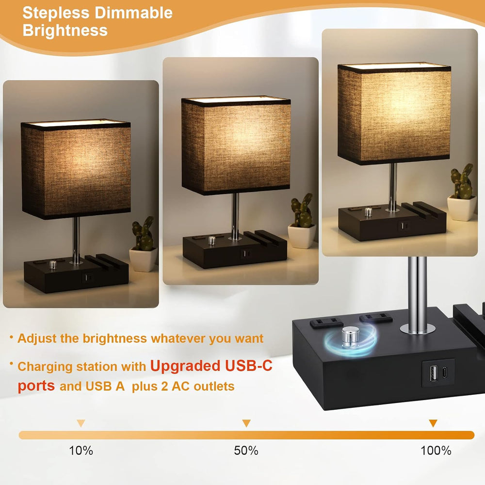 Black Table Lamp for Bedroom - Stepless Dimmable, USB C+A, 2 AC Outlets