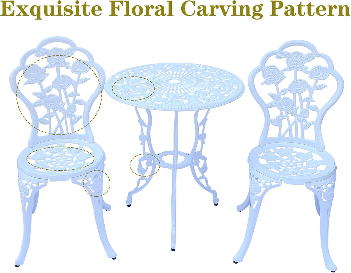 3-Piece Cast Aluminum Outdoor Bistro Set, Outdoor Table and Chairs Set of 2 with Umbrella Hole for Patio Garden Park(White, Rose)