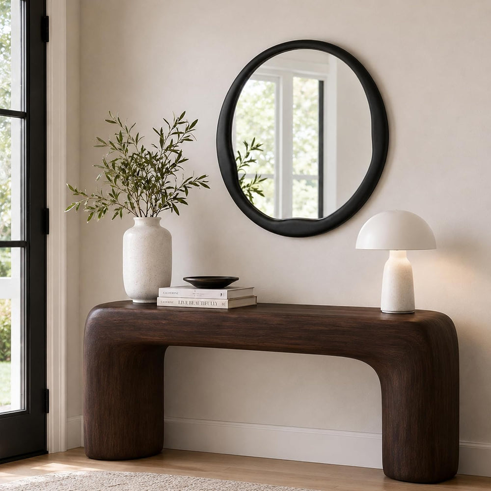 Matte Black 24 Inch Round Wood Wall Mirror, Asymmetrical Inner Edge