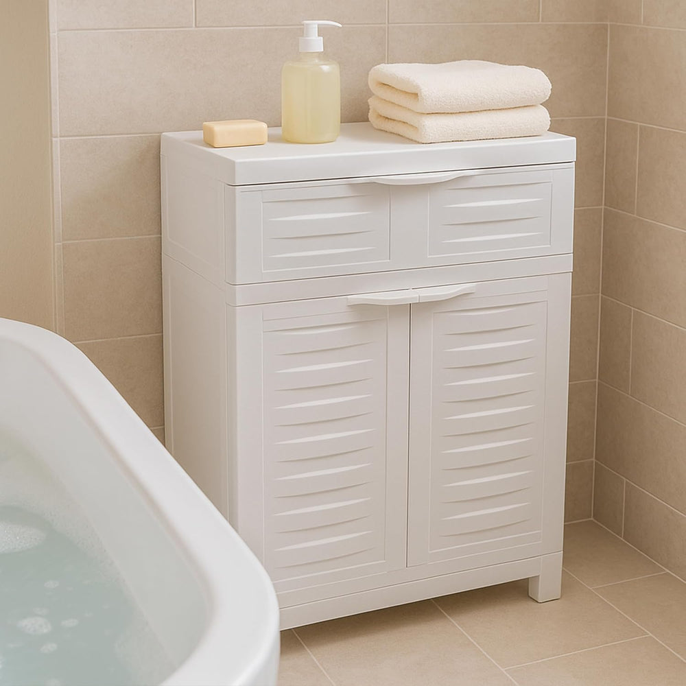 Sunnydaze 34.5" Garage Storage Cabinet with Adjusting Shelf, Speckled White