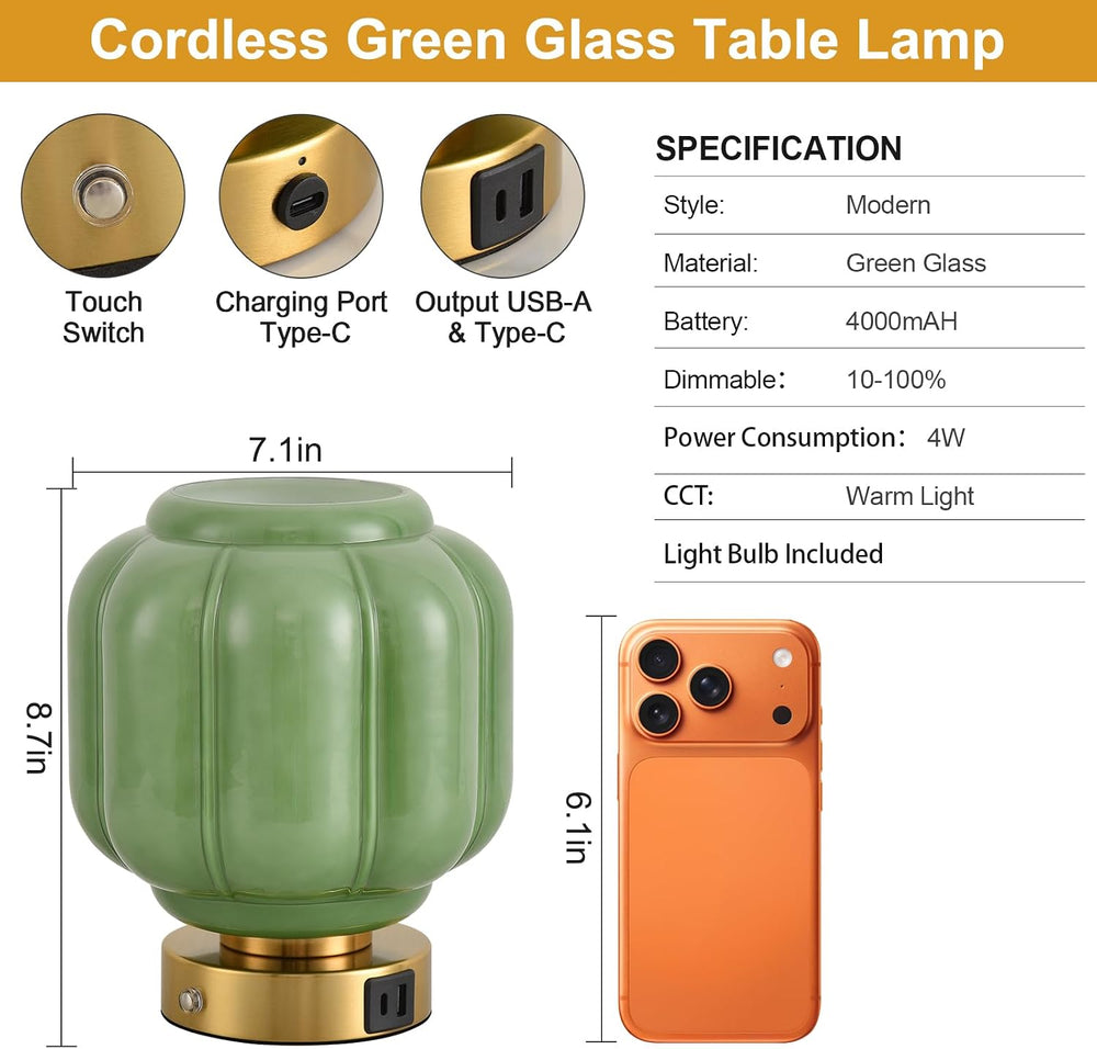 Rechargeable Table Lamp, Cordless Green Glass Bedside Lamp Small