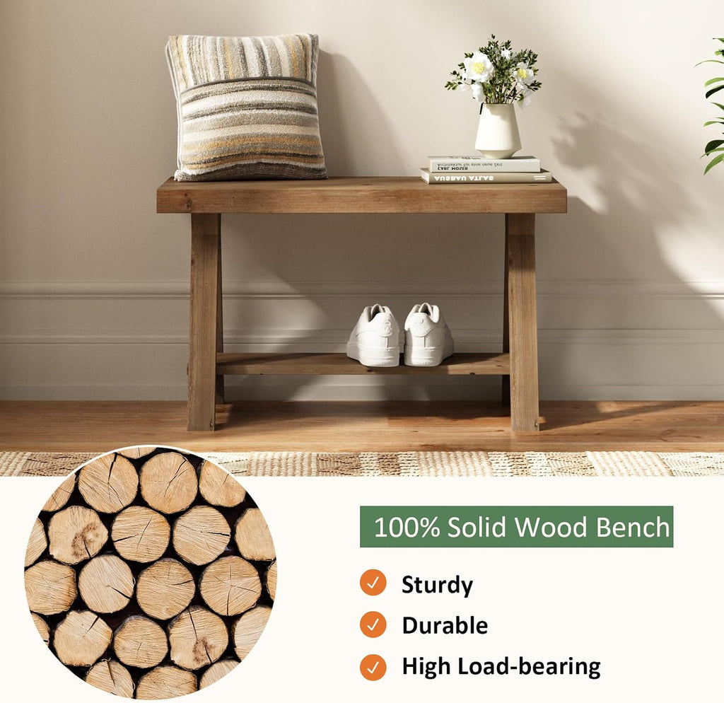 RowyPoey Solid Wood Bench, 30" Farmhouse Entryway Bench with Shoe Storage | Stable Triangular Leg, Rustic End of Bed Benches, Solid Hallway Seating, Dining Bench for Kitchen, Shoe Stool, Easy Assembly