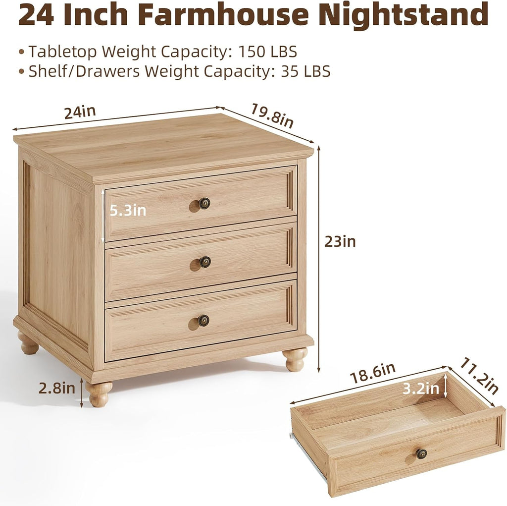 Joaxswe 24" Wide Farmhouse Night Stand,Large End Table with 3 Drawers & Metal Handle,Natural Dresser for Bedroom, Bed Side Table Chest of Drawers Cabinet,Wood Nightstand for Living Room,Closet