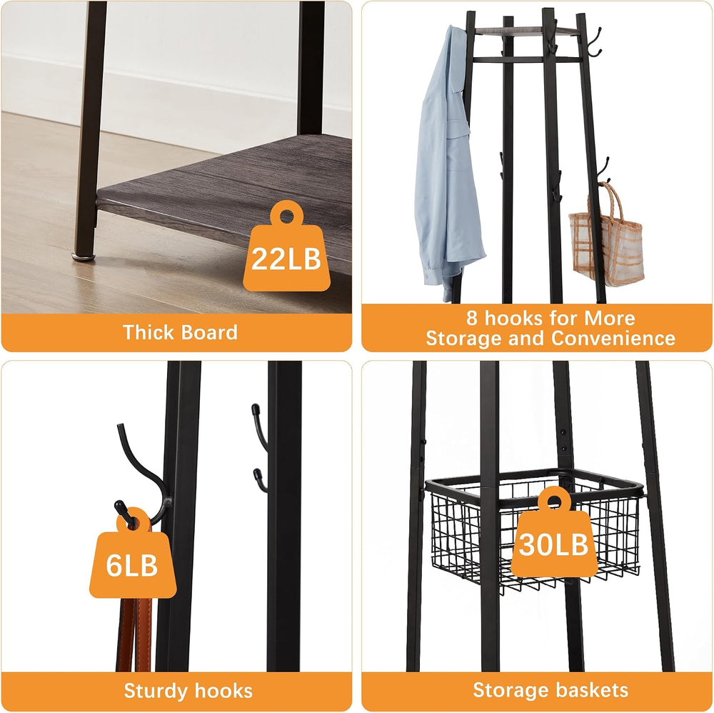 VECELO Coat Rack Freestanding,Hall Tree with Metal Basket and Storage Shelves...