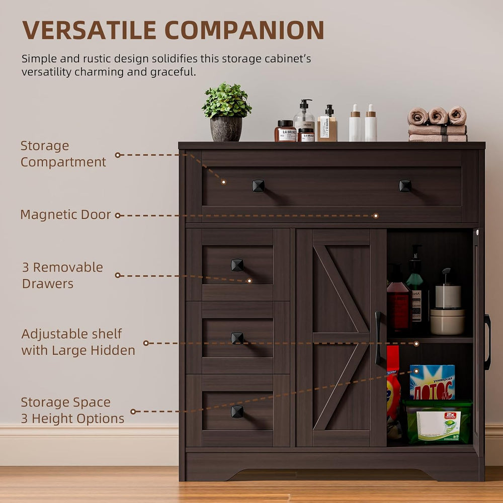 Vabches Farmhouse Storage Cabinet with 2 Doors and 4 Drawers, Espresso