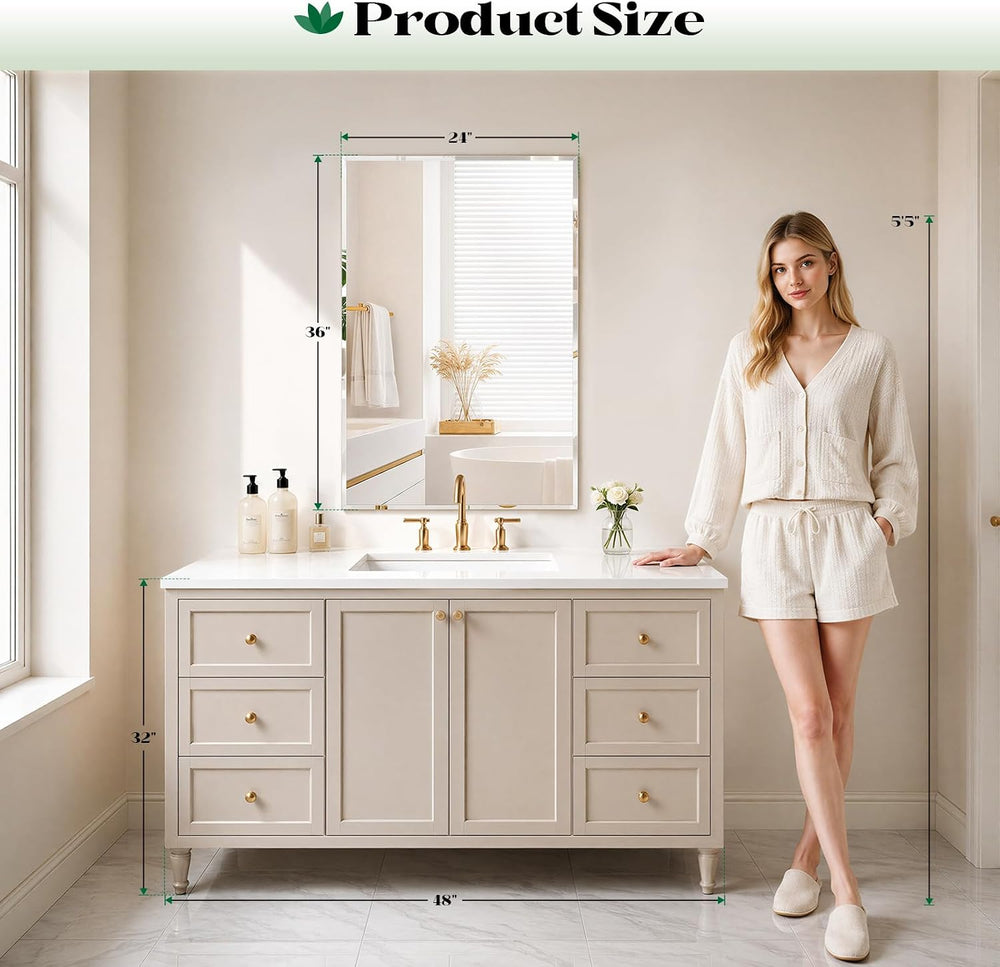 Beveled Wall Mirror, 24"x36" Frameless Bathroom Mirror