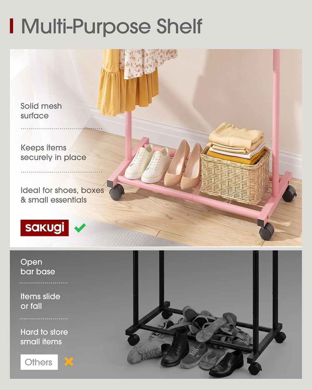 Sakugi Clothes Rack - Clothing Rack with Storage Mesh Shelf & Casters, He...