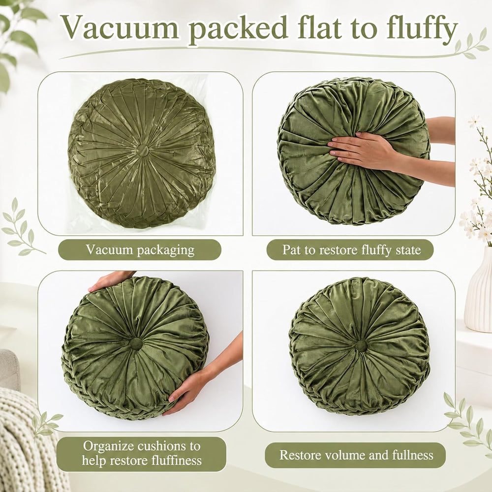 Drydiet 2 Pcs Round Throw Velvet Pillow (Dark Olive Green, 15'')