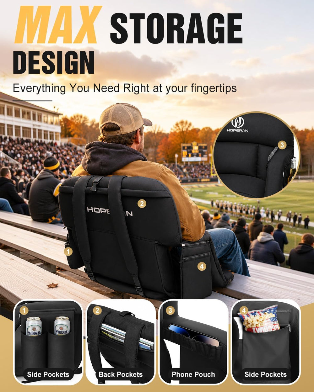 HOPERAN 21in Heated Stadium Seats for Bleachers, 4.3" Extra Thick, Black