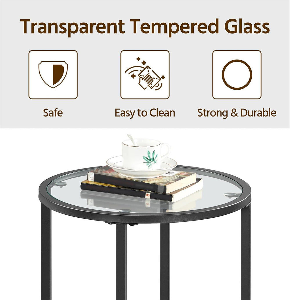 Yaheetech 16'' Round Glass End Tables Set of 2, Black Metal Open-Fram...