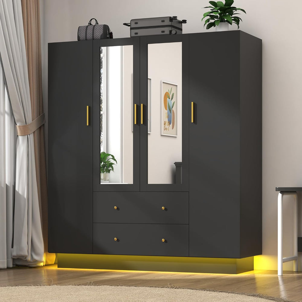 jiteentarou 4 Door Wardrobe Closet with Mirrors and LED Lights, Bedroom Armoi...