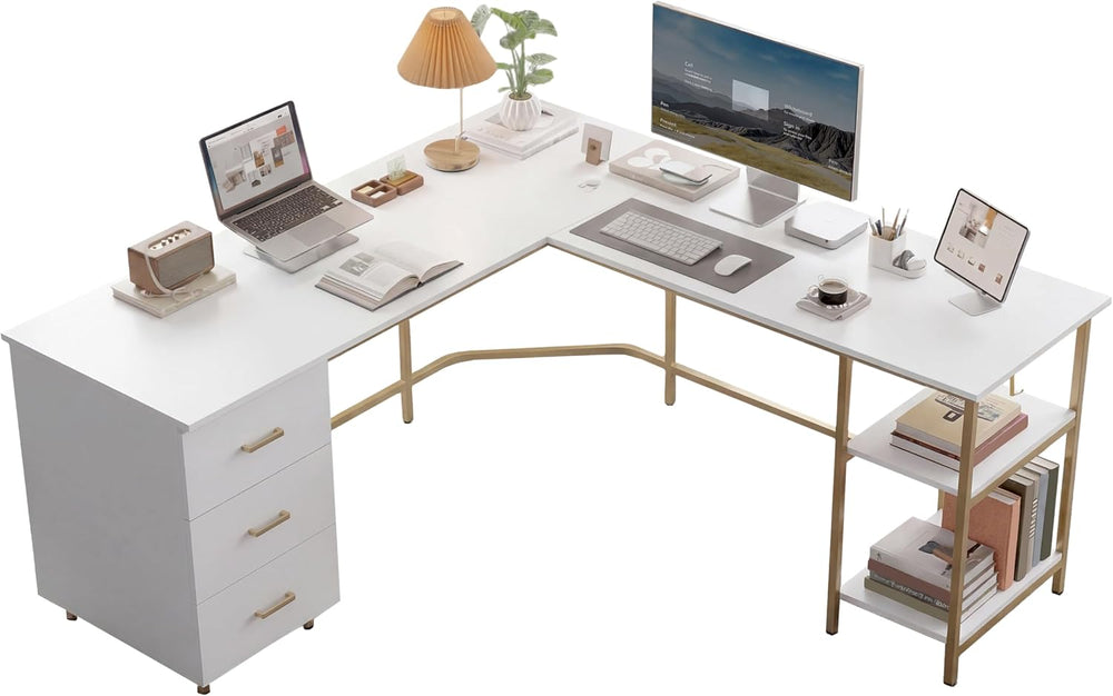 Techni Mobili 59" Two-Tone L‑Shaped Office Desk with Storage Shelves, Gold