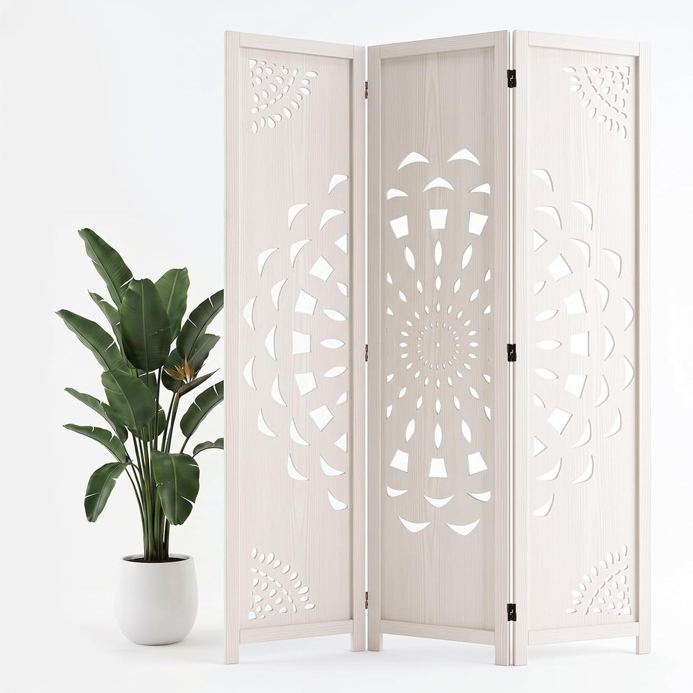 3 Panel Room dividers, 66.9" Boho Double-Sided Carved Screen, White
