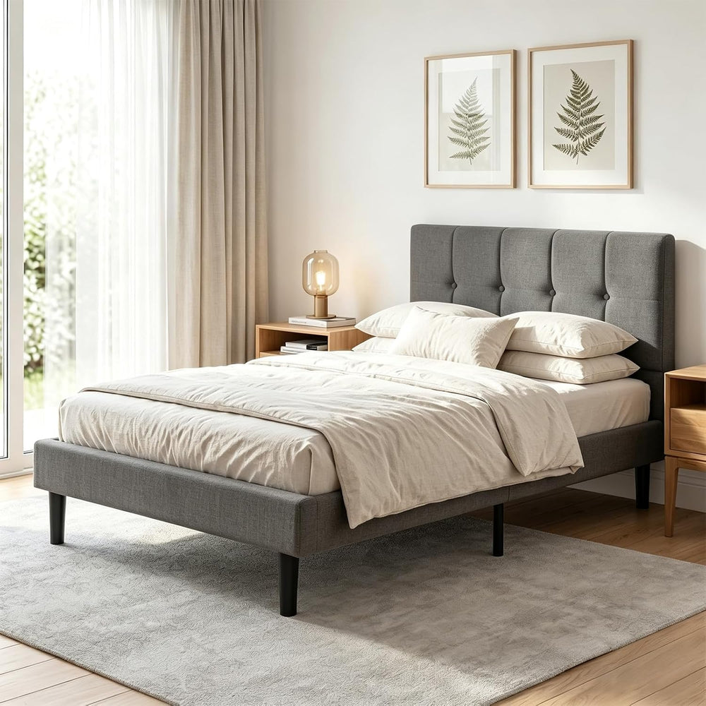 Twin Bed Frame, Completed Linen Upholstered Headboard, Dark Gray